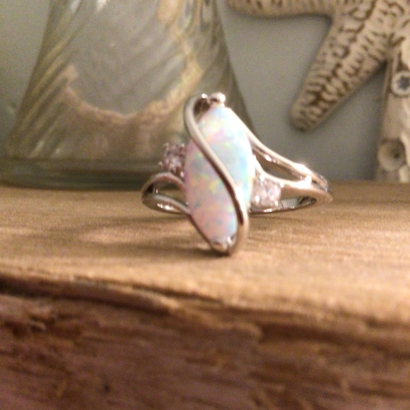 White Gold Plated Brass Created Fire Opal with cubic zirconia sz 8 - Picture 7 of 8